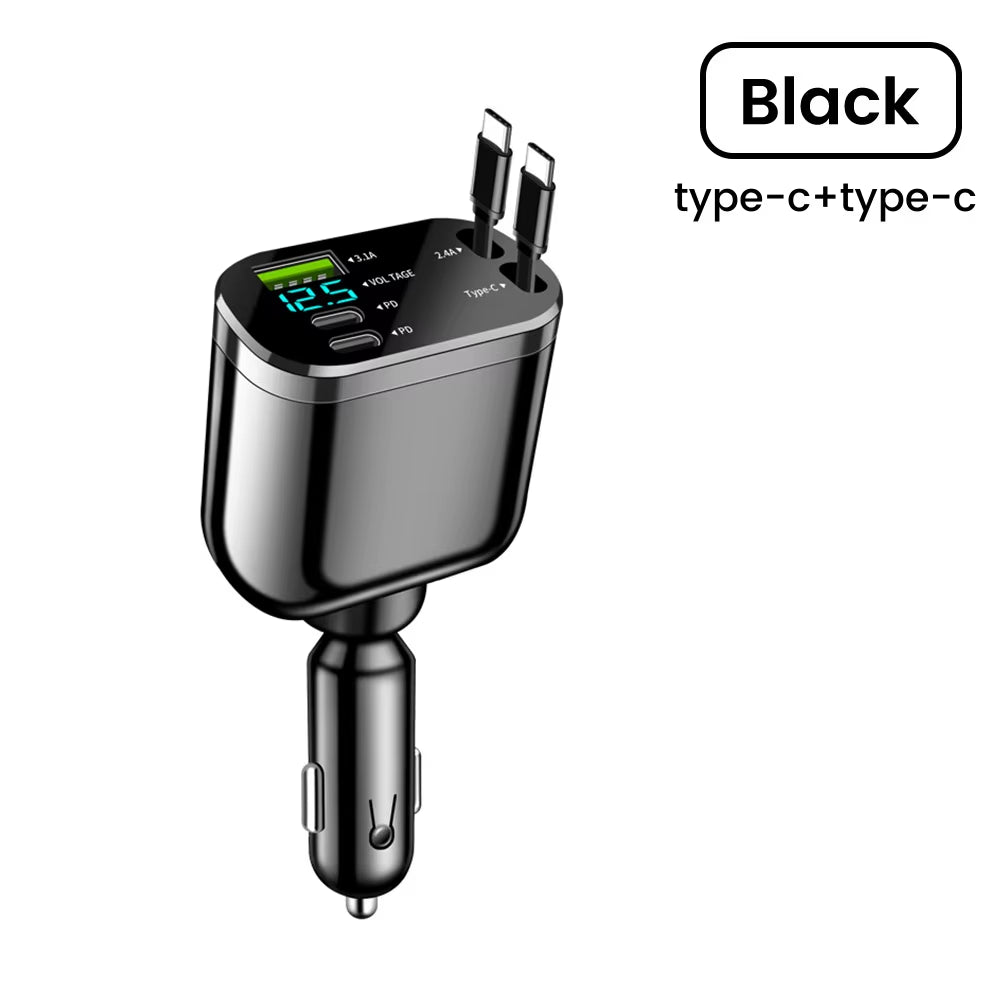 Retractable Car Charger 5 in 1 Fast Charging Car Charger Retractable Cable 2 Type C Ports Car Charger Adapter Compatible