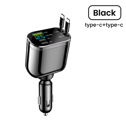 Retractable Car Charger 5 in 1 Fast Charging Car Charger Retractable Cable 2 Type C Ports Car Charger Adapter Compatible