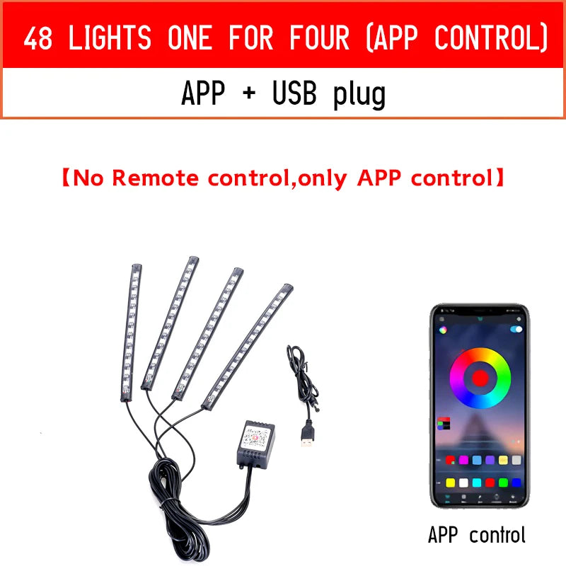 Led Car Foot Ambient Light with USB Neon Mood Lighting Backlight Music Control App RGB Auto Interior Decorative Atmosphere Light