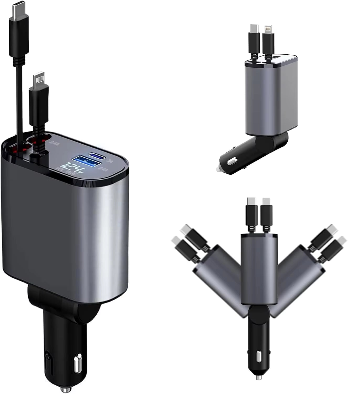 Fast Charger Car Phone Station Charger 4 in 1 Digital Display Retractable 2 Cables Type C Portable Car Charger for Iphone 16