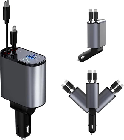 Fast Charger Car Phone Station Charger 4 in 1 Digital Display Retractable 2 Cables Type C Portable Car Charger for Iphone 16