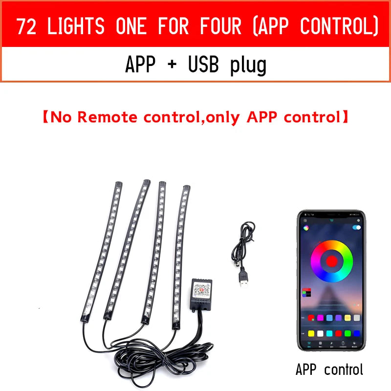 Led Car Foot Ambient Light with USB Neon Mood Lighting Backlight Music Control App RGB Auto Interior Decorative Atmosphere Light
