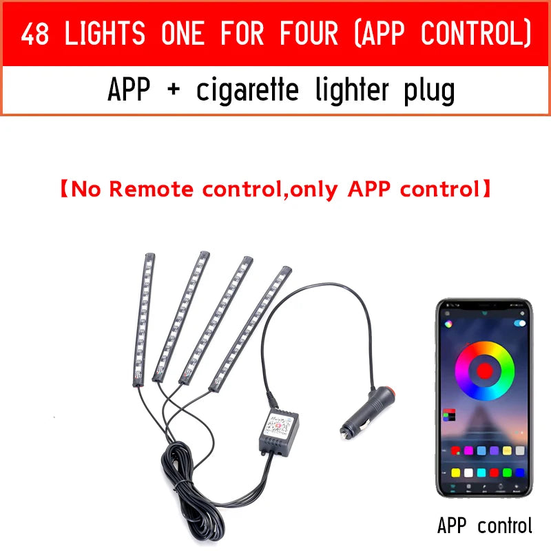 Led Car Foot Ambient Light with USB Neon Mood Lighting Backlight Music Control App RGB Auto Interior Decorative Atmosphere Light