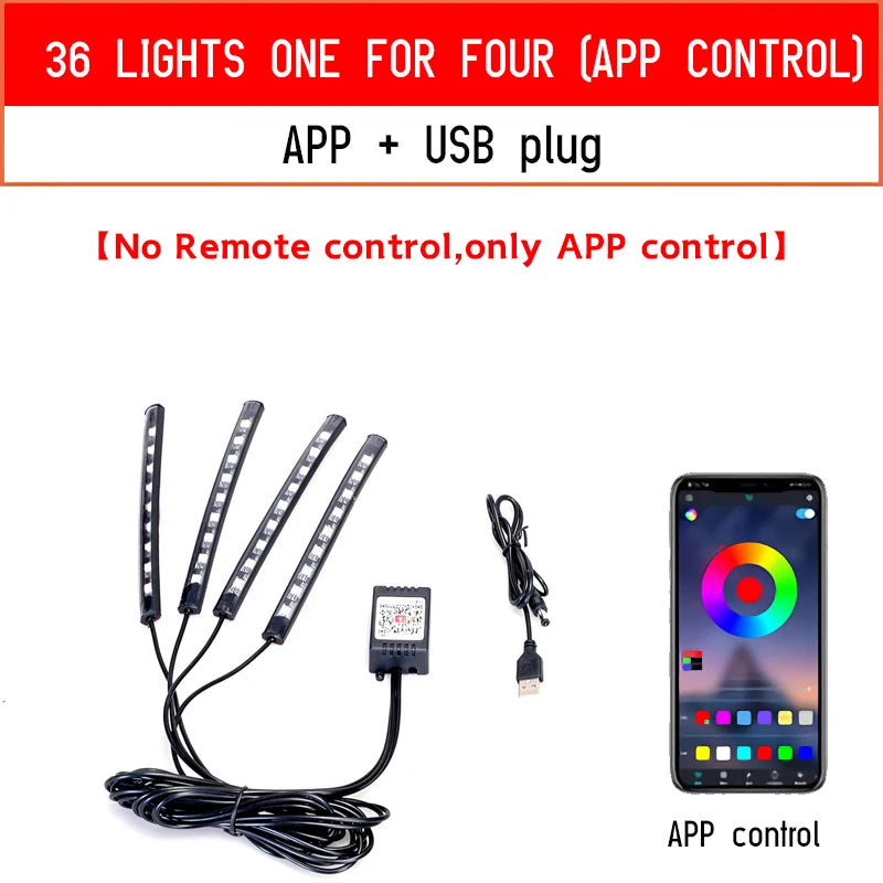 Led Car Foot Ambient Light with USB Neon Mood Lighting Backlight Music Control App RGB Auto Interior Decorative Atmosphere Light