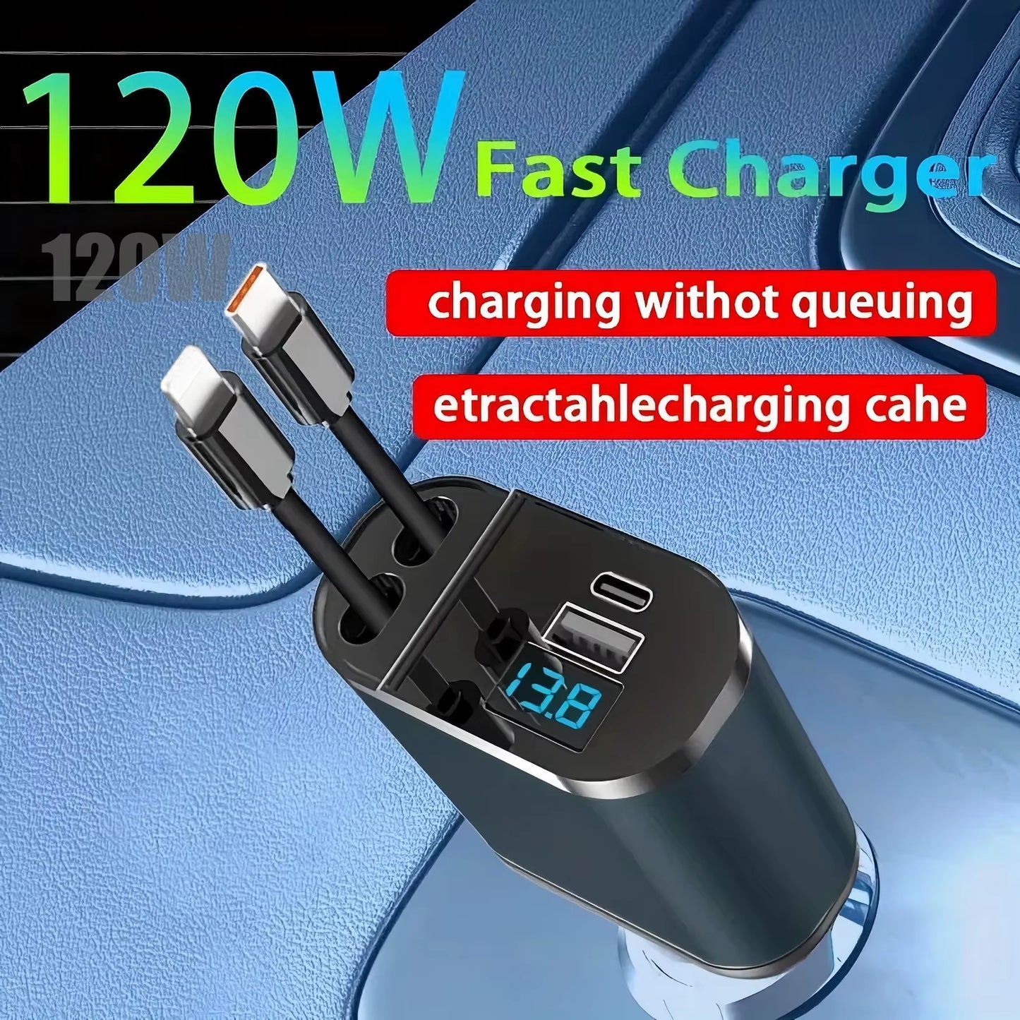 Fast Charger Car Phone Station Charger 4 in 1 Digital Display Retractable 2 Cables Type C Portable Car Charger for Iphone 16
