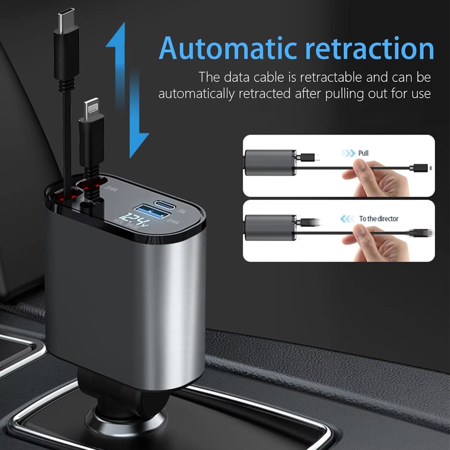 Fast Charger Car Phone Station Charger 4 in 1 Digital Display Retractable 2 Cables Type C Portable Car Charger for Iphone 16