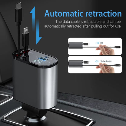 Fast Charger Car Phone Station Charger 4 in 1 Digital Display Retractable 2 Cables Type C Portable Car Charger for Iphone 16