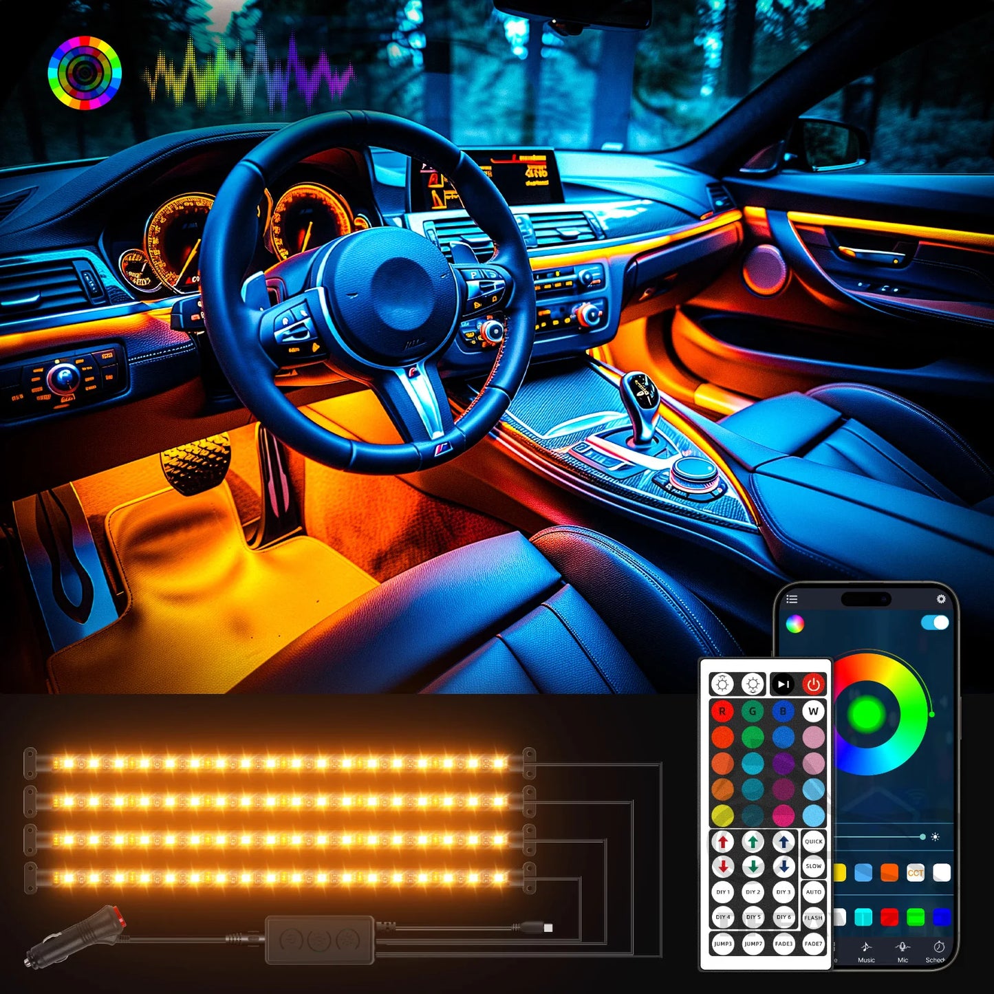 72 LED Car Interior Ambient Foot Light Backlight Auto RGB Atmosphere Decorative Lamps with USB Remote/App Control