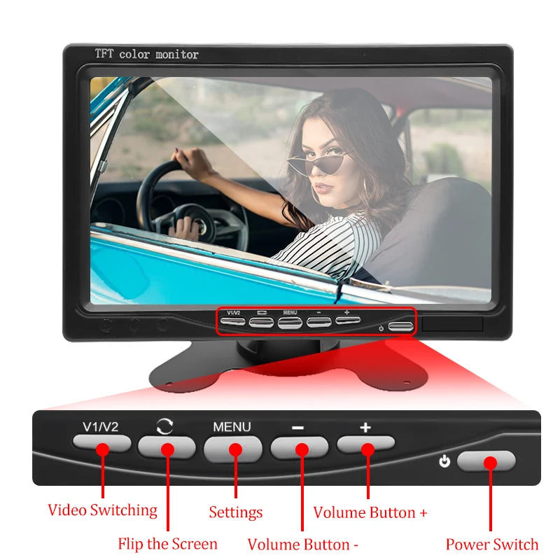 7" Car Monitor 16:9 800*480 Screen with 2 Way Video Input TFT HD Digital for Rear View Camera Parking Backup Reverse