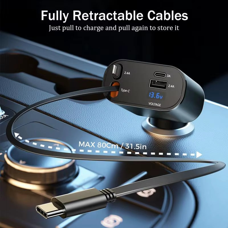 Fast Charger Car Phone Station Charger 4 in 1 Digital Display Retractable 2 Cables Type C Portable Car Charger for Iphone 16