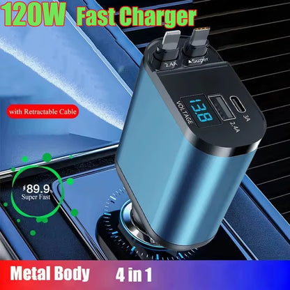 Fast Charger Car Phone Station Charger 4 in 1 Digital Display Retractable 2 Cables Type C Portable Car Charger for Iphone 16