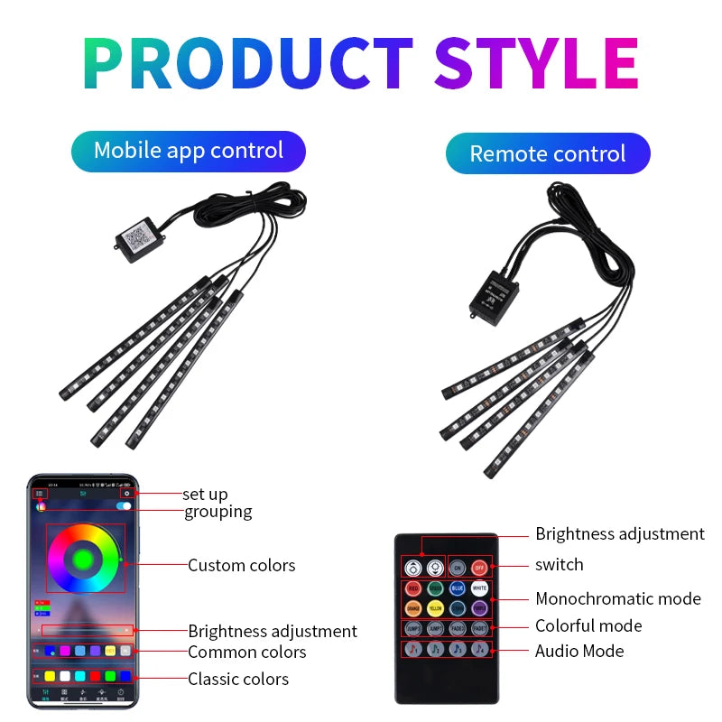 Led Car Foot Ambient Light with USB Neon Mood Lighting Backlight Music Control App RGB Auto Interior Decorative Atmosphere Light