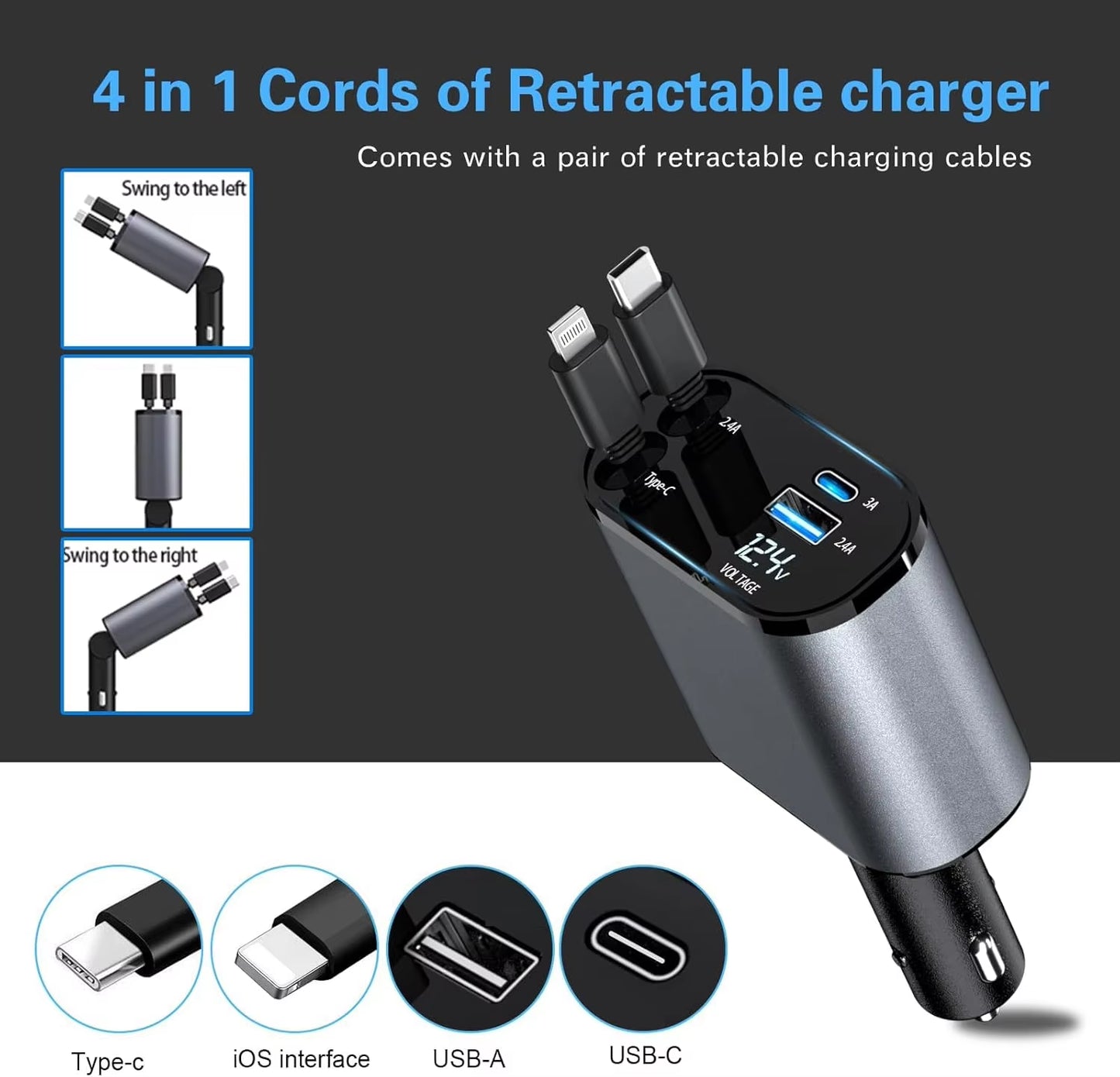 Fast Charger Car Phone Station Charger 4 in 1 Digital Display Retractable 2 Cables Type C Portable Car Charger for Iphone 16