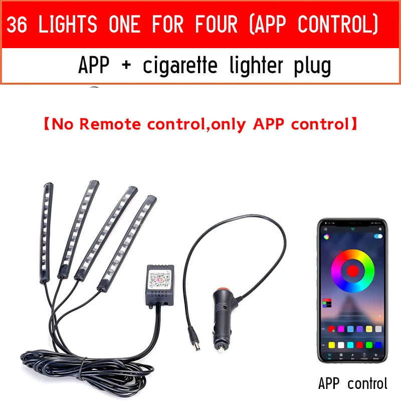 Led Car Foot Ambient Light with USB Neon Mood Lighting Backlight Music Control App RGB Auto Interior Decorative Atmosphere Light