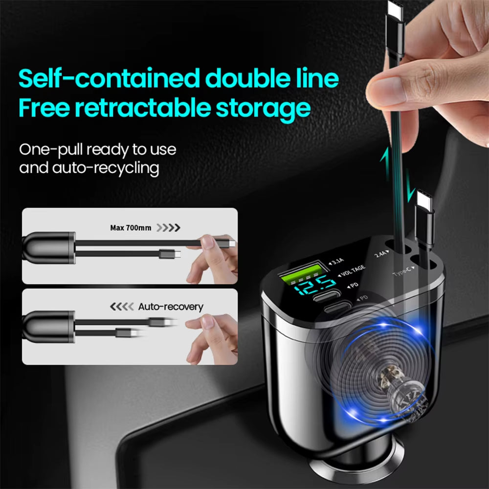 Retractable Car Charger 5 in 1 Fast Charging Car Charger Retractable Cable 2 Type C Ports Car Charger Adapter Compatible