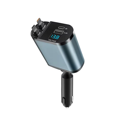 Fast Charger Car Phone Station Charger 4 in 1 Digital Display Retractable 2 Cables Type C Portable Car Charger for Iphone 16